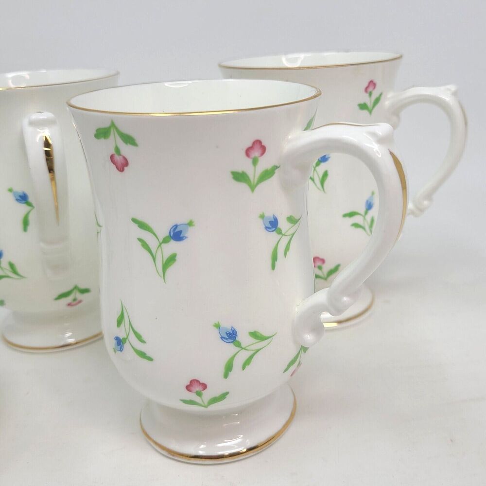Royal Victoria Fine Bone China Coffee Cup Floral Gold Trim England Set of 4 Mugs